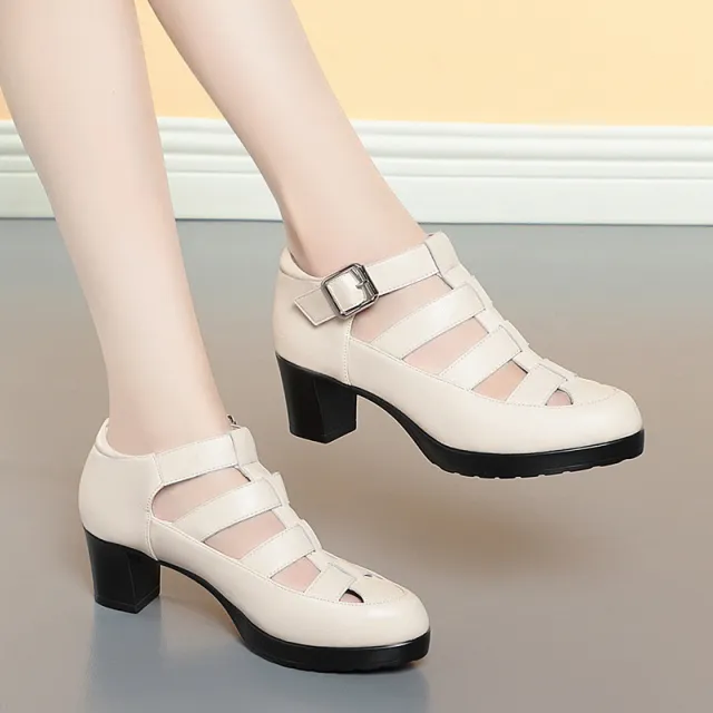 Closed Toe Sandals Summer Chunky Heel Woven Hollowed Ankle strap Buckle Women's Shoes Beige - Shop at LoveMi