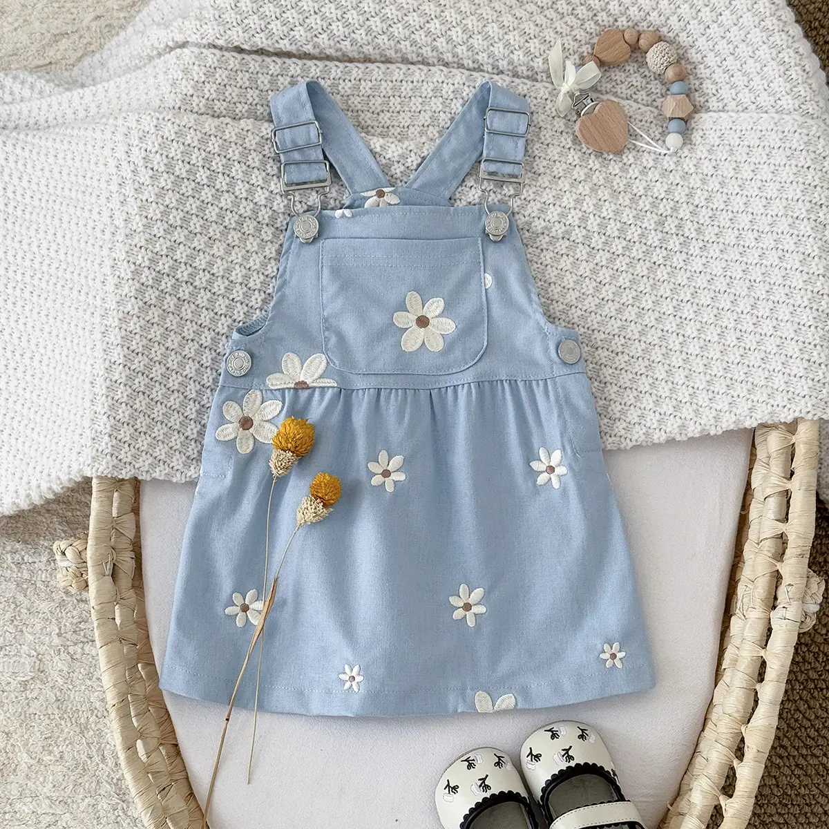 Cute Floral-embroidered Suspender Dress