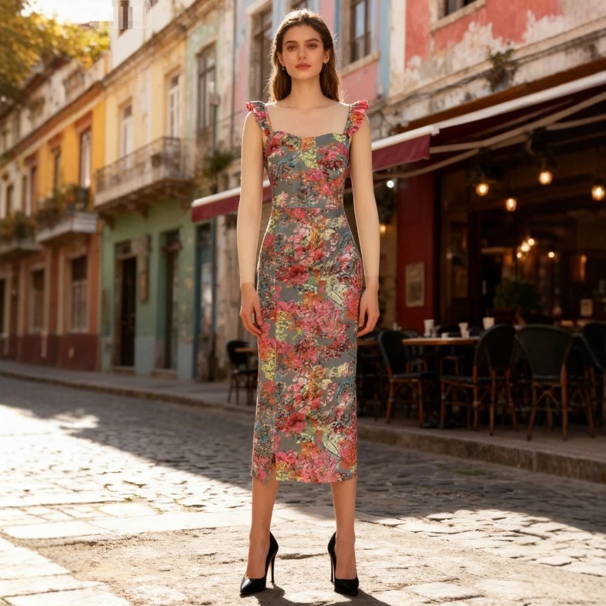 French Style Floral Strap Mid Length Split Womens Dress
