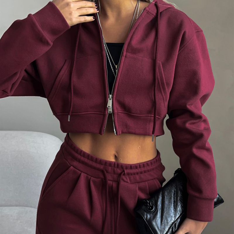Casual Suit Solid Color Short Midriff Outfit Hooded Cardigan Lace up Sweatpants Red - Shop at LoveMi