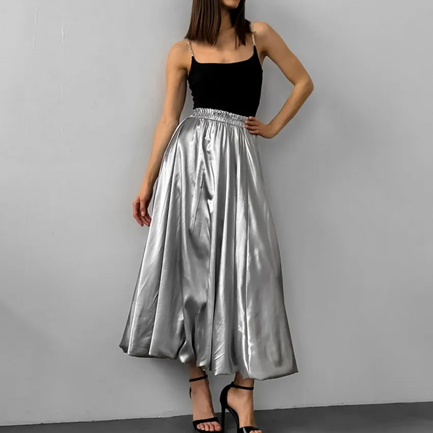 Fashion Silver Bud Skirt European And American Design High Waist A- Line Skirt - Silver