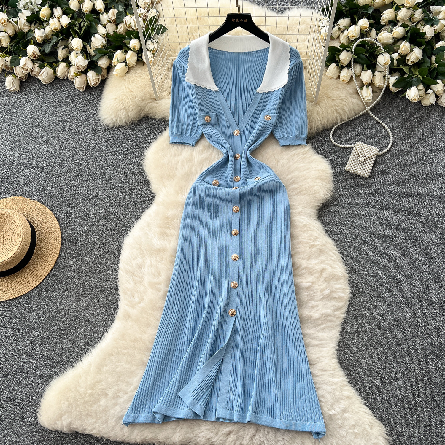 Short Sleeve Metal Buckle Slim Fit Dress Women