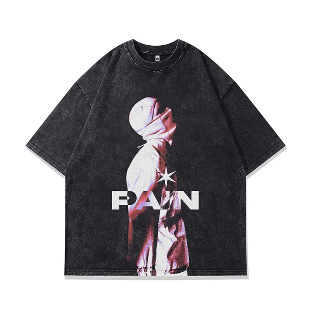 Printed Heavy Half Sleeve T shirt Men's And Women's Distressed Washed Short Sleeve Street Top Black - Shop at LoveMi