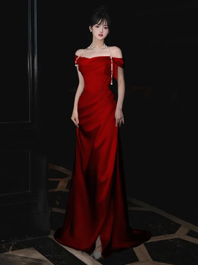 Bridal Light Wedding Dress Women's Off shoulder Toast Dress Wine Red - Shop at LoveMi