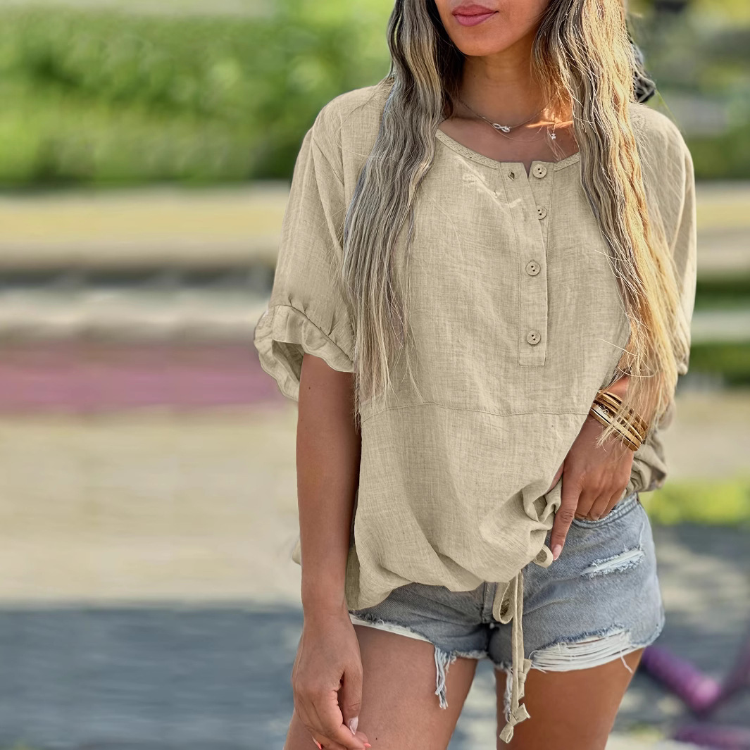 Loose-fit Autumn Cotton-linen Short-sleeve Shirt With A Round Neck And Buttons