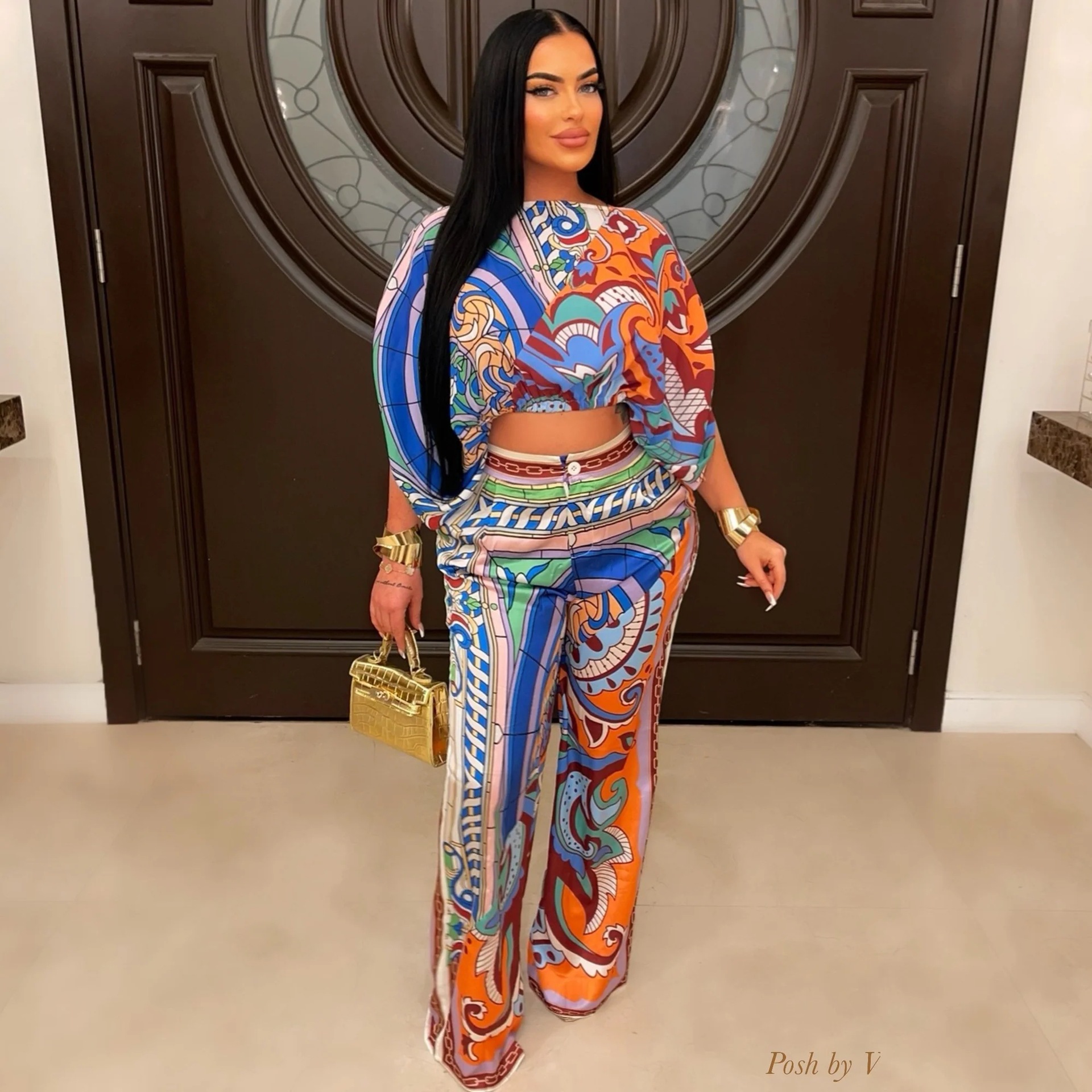 Off-the-neck Cropped Lantern Sleeve Printed Trousers Suit