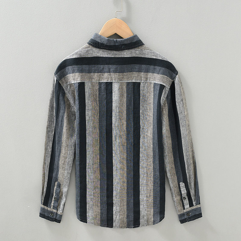 قميص رجال بأكمام طويلة من الكتان بتصميم مخطط وألوان متناسقة