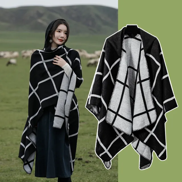 Ethnic Style Outdoor Grassland Desert Shawl Large Plaid Black - Shop at LoveMi