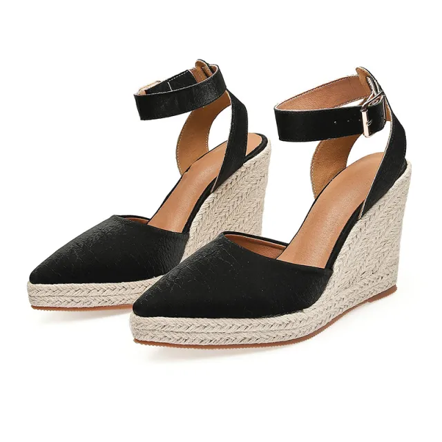Women's Straw Woven Wedge Platform High Heel Pointed Sandals Black - Shop at LoveMi