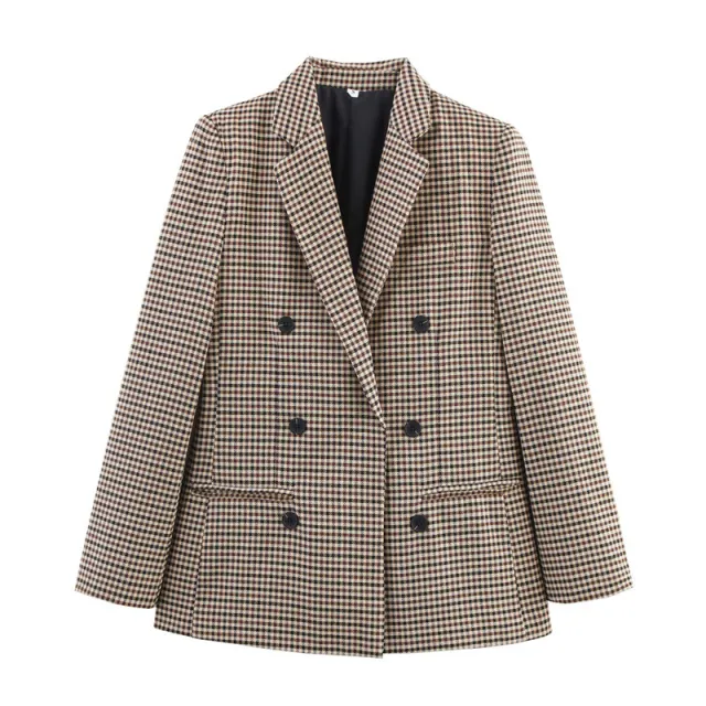 Two breasted Loose Two color Houndstooth Suit Jacket Khaki - Shop at LoveMi