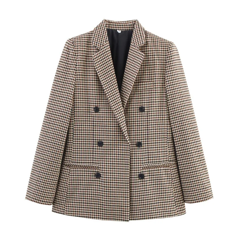 Two-breasted Loose Two-color Houndstooth Suit Jacket - Khaki