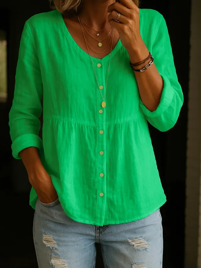 Casual Loose Fashion Cotton And Linen Long Sleeve V neck Buttons Shirt Green - Shop at LoveMi