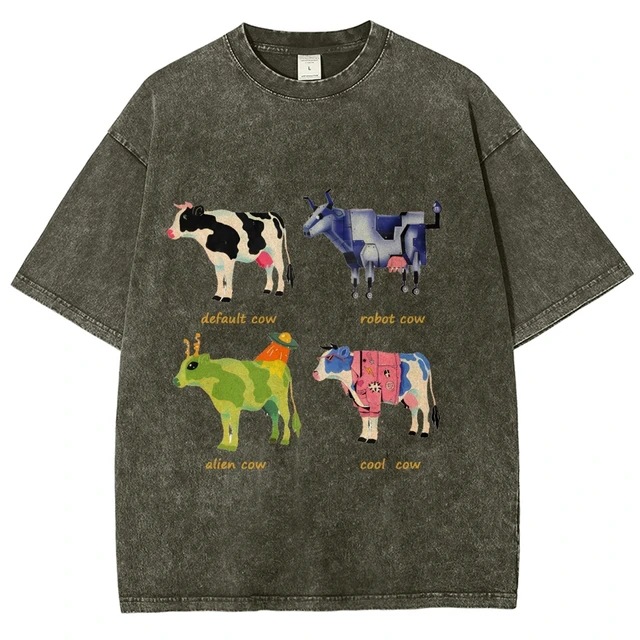 Mens Retro Cotton Funny Cow Streetwear Printed Top