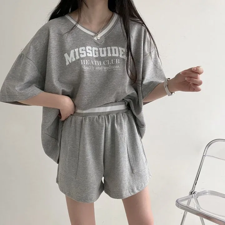 V-neck Women's Short-sleeved Shorts Two-piece Set Solid Color - Gray Suit