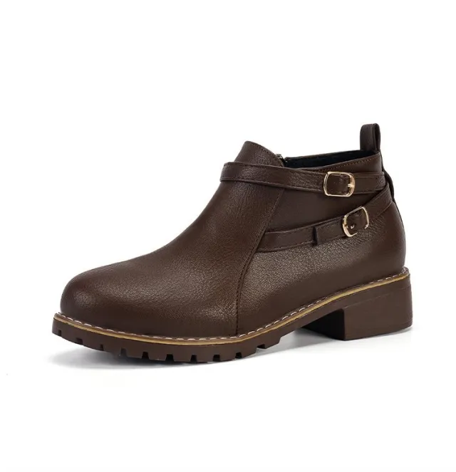 Low heeled Leather Belt buckle Plus size Round toe Ankle Boots Brown - Shop at LoveMi