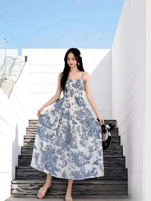 Women's Retro Floral Print Backless Slip Dress Blue - Shop at LoveMi