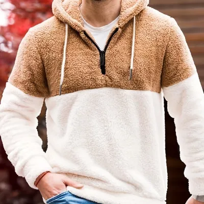 Stitching Half Zipper Hooded Thickened Men's Sweater