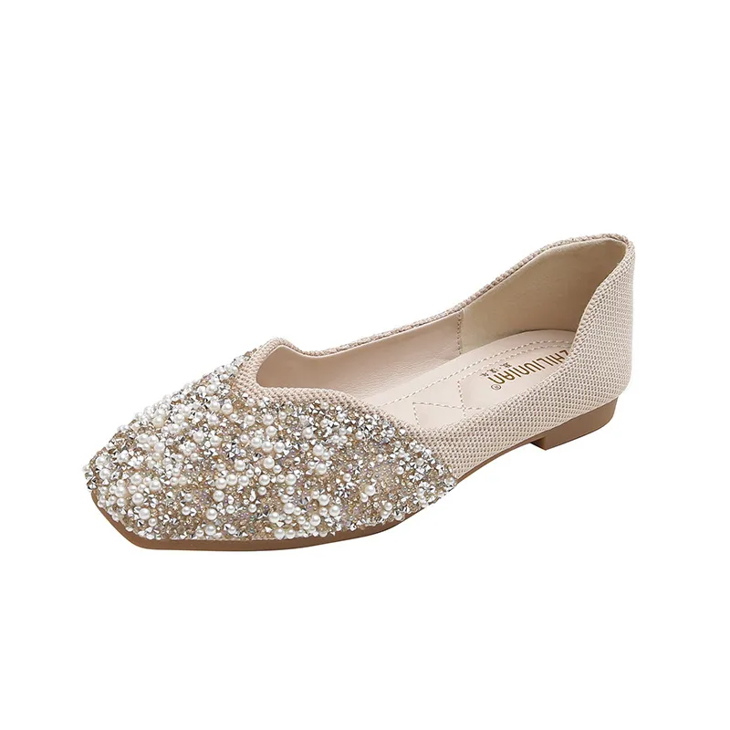 Fashion French Flat Shoes Female Square Toe - Apricot