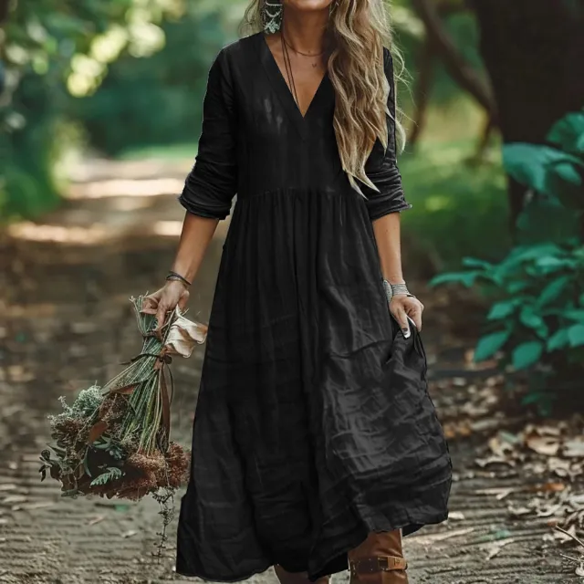 Bohemian Holiday Cotton And Linen Style Dress Black - Shop at LoveMi