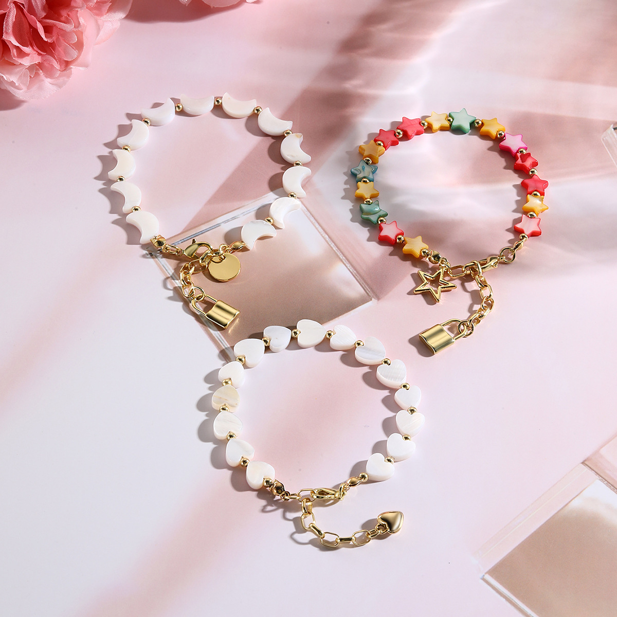 Moon Heart And Five-Pointed Star Natural Shell Bead Bracelet