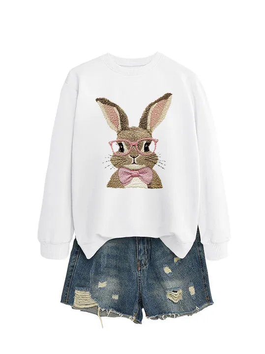 Brown Rabbit Bow Round Neck Sports Sweater White Hoodie - Shop at LoveMi