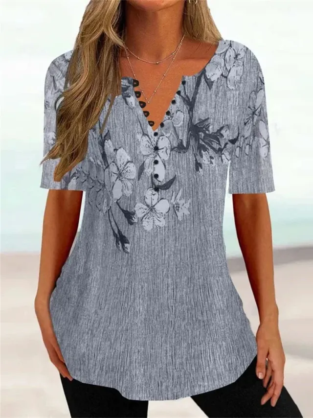 Summer Loose V neck Short Sleeve Pleated Button Shirt For Women Gray - Shop at LoveMi