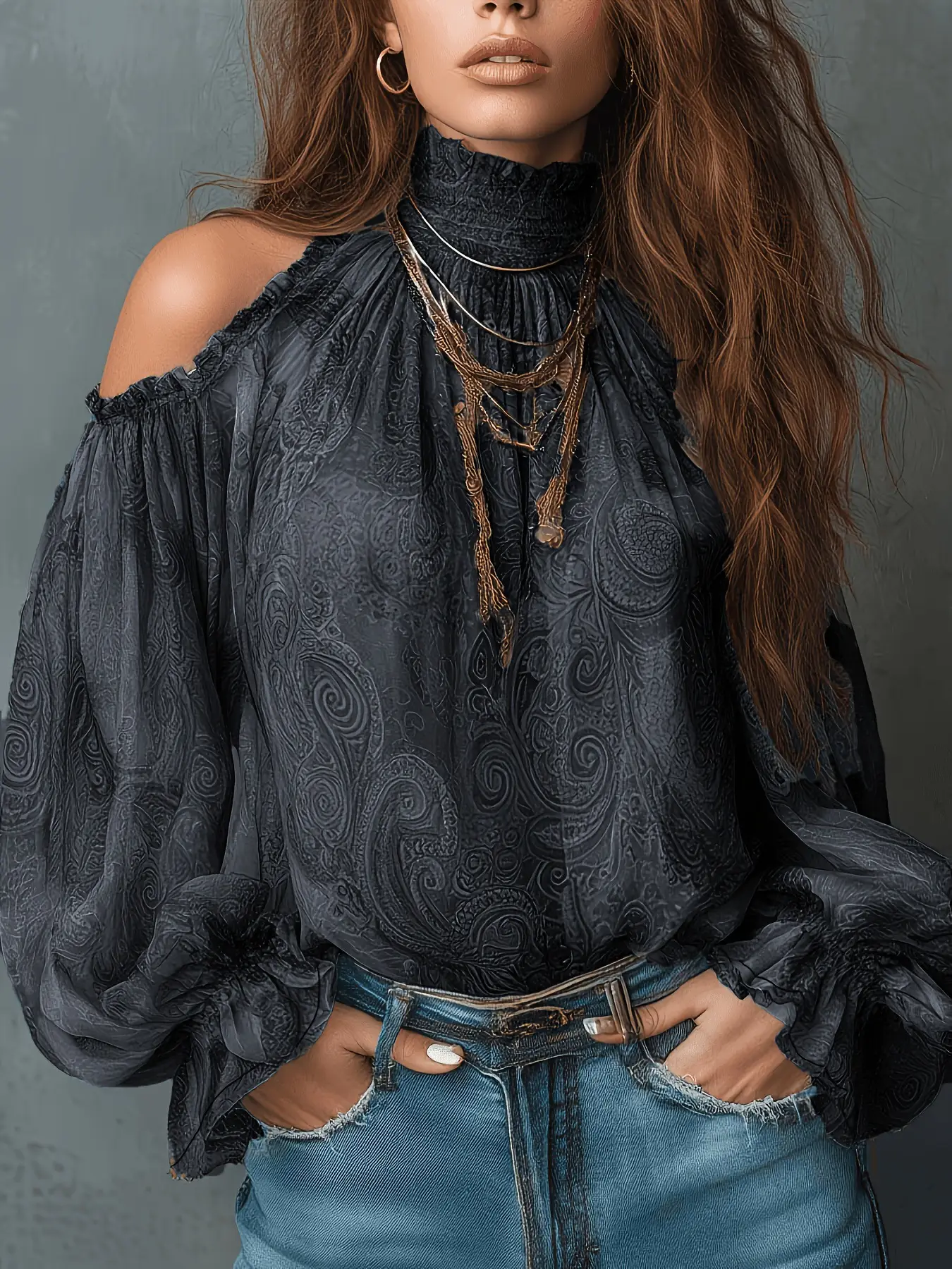 Retro Cashew-print High-neck Off-shoulder Chiffon Blouse