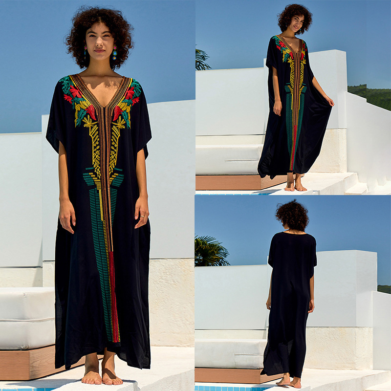 Rayon Embroidered Loose Long Dress Women's Embroidery