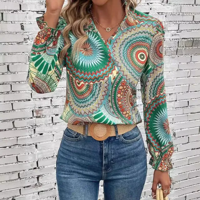 Printed V neck Pullover Leisure Shirt Top For Women Color - Shop at LoveMi