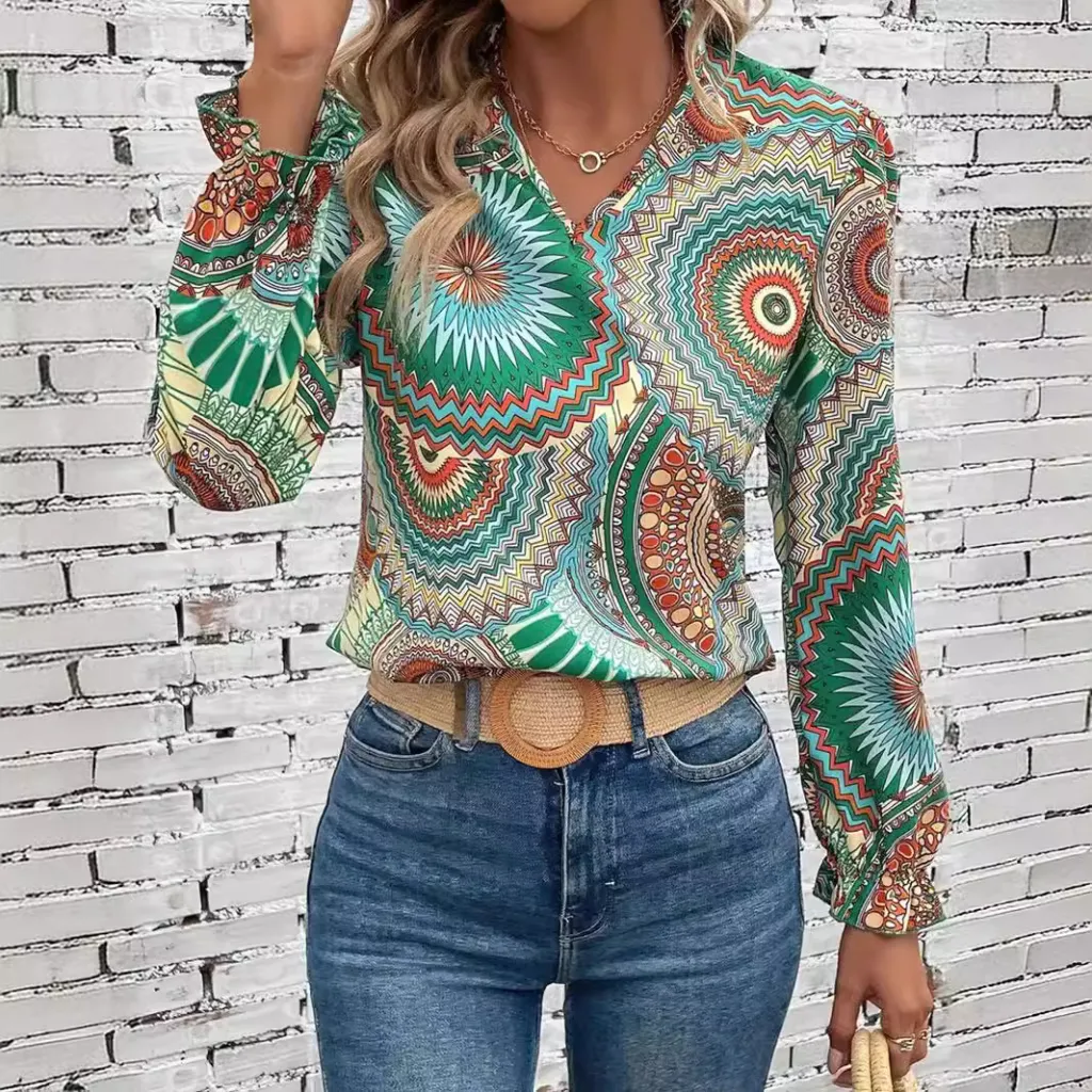 Printed V-neck Pullover Leisure Shirt Top For Women - Color