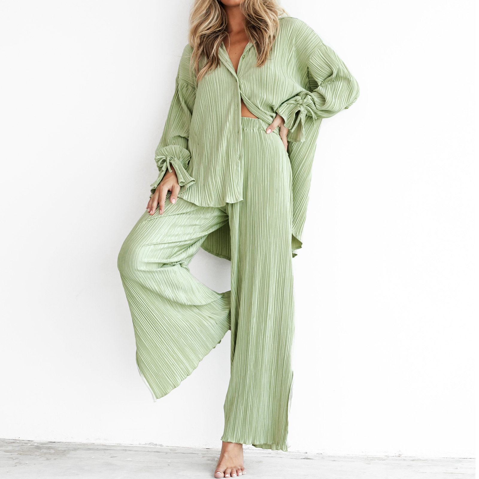 Pleated Shirt Long Sleeve Split Pajamas Two piece Set Light Green - Shop at LoveMi