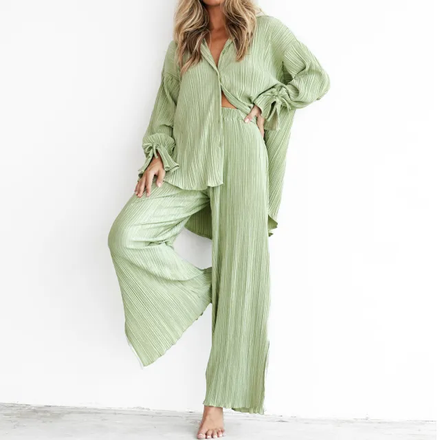 Pleated Shirt Long Sleeve Split Pajamas Two piece Set Light Green - Shop at LoveMi