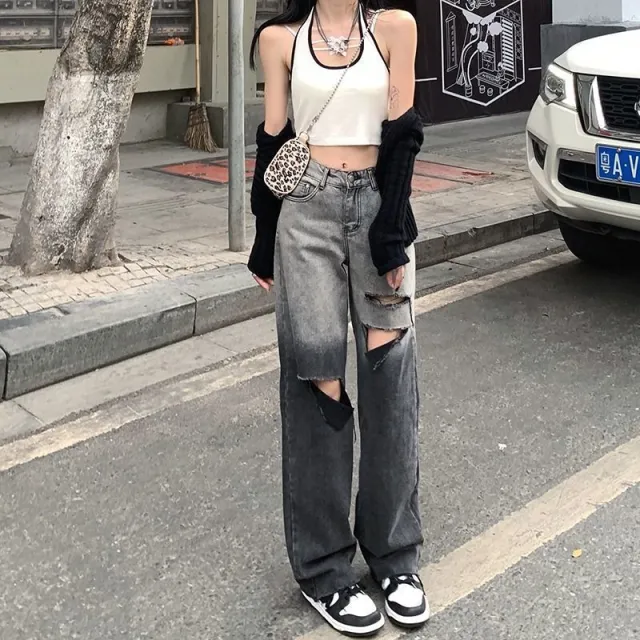 Women's Fashionable All match Gradient Ripped Jeans Black And Gray - Shop at LoveMi
