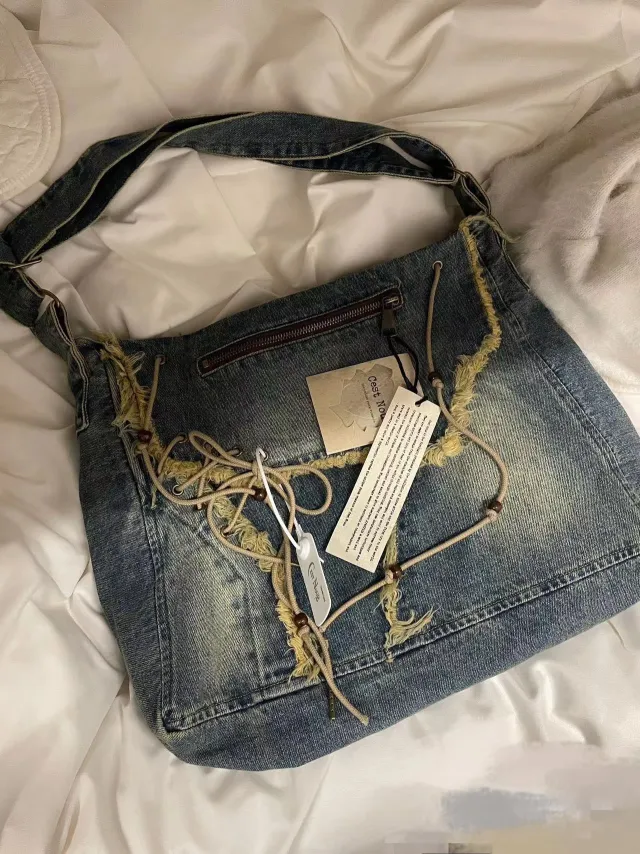 Vintage Denim Washed Brushed Tassel Messenger Bag Blue - Shop at LoveMi