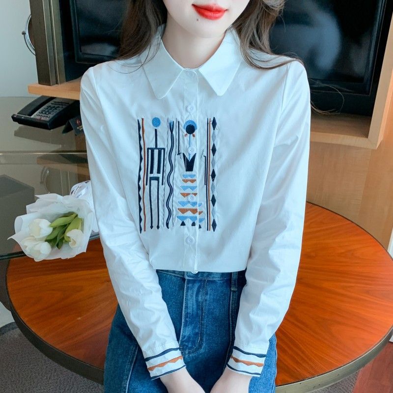 Embroidered Cotton Elegant Long-Sleeve White Shirt