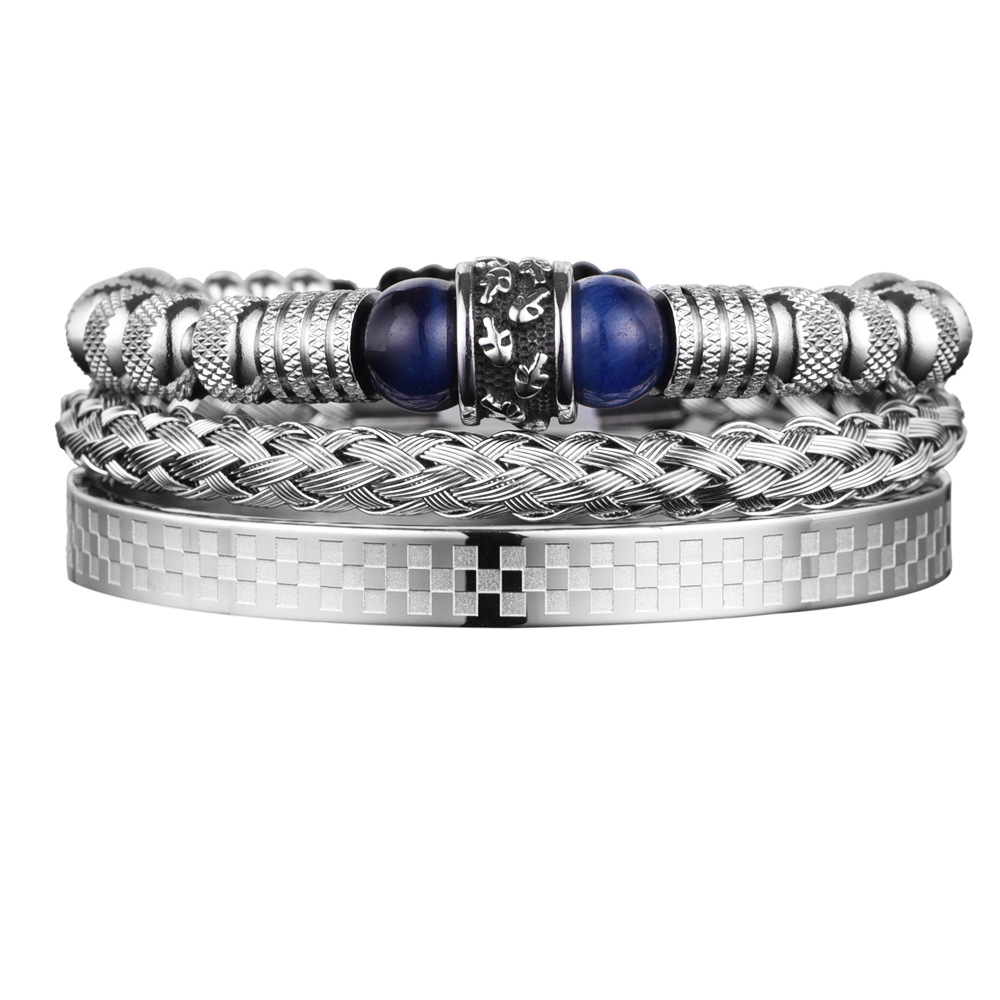 Stainless Steel Skull Head Spacer Beads Tiger-eye Blue Bracelet Set