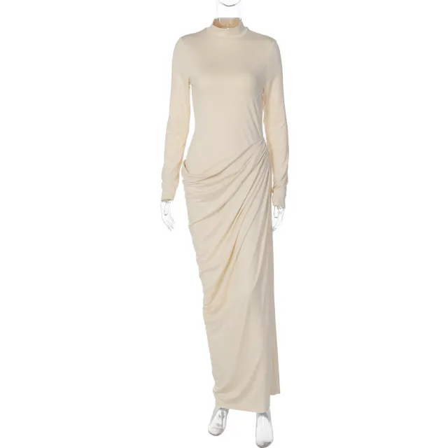 Sexy Slim Fit Backless Button Solid Color Long Sleeve Dress Apricot - Shop at LoveMi