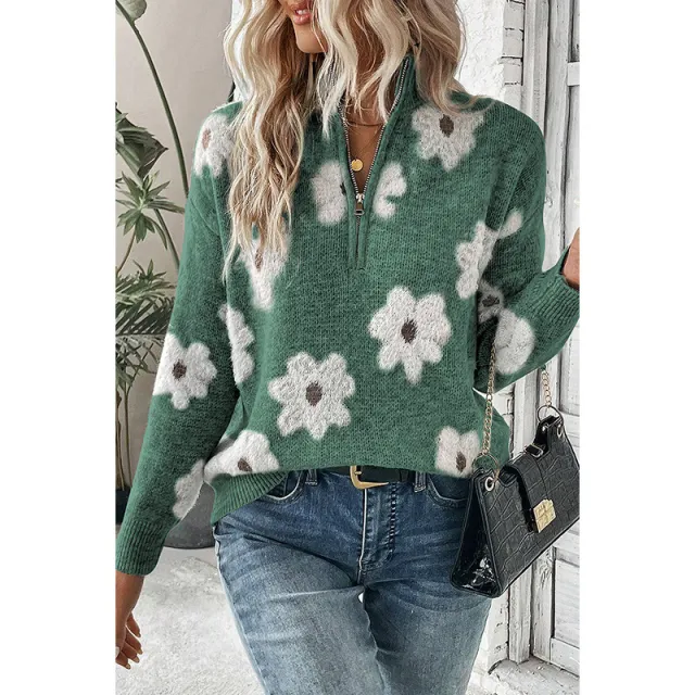 Women's Off shoulder Sweater All match Floral Printed Long sleeved Top Green - Shop at LoveMi