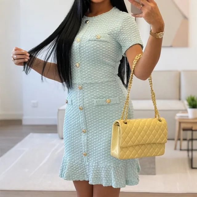 Elegant Button Short Sleeve Dress Women Light Blue - Shop at LoveMi