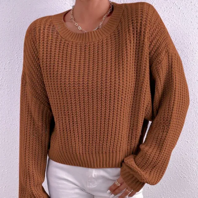 European And American Loose Short Pullover Round Neck Long Sleeves Sweater Brown - Shop at LoveMi
