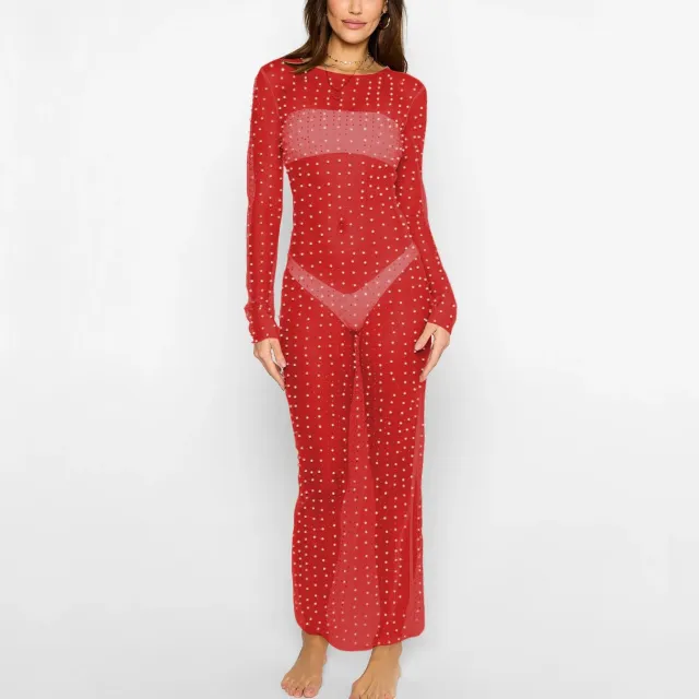 Fashion Bead Rhinestone Blouse Mesh Long Sleeve Dress Red - Shop at LoveMi