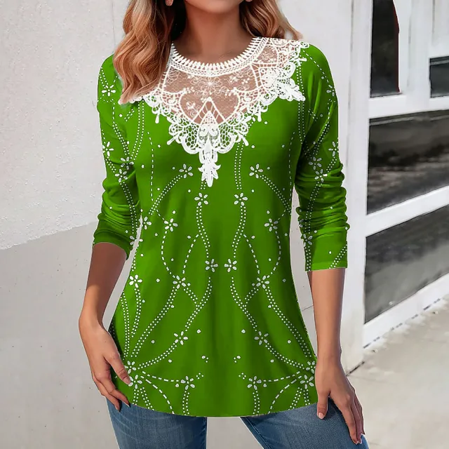 Lace Patchwork Round Neck Top Fashion Casual Printing Loose Long Sleeve Top Women Green - Shop at LoveMi