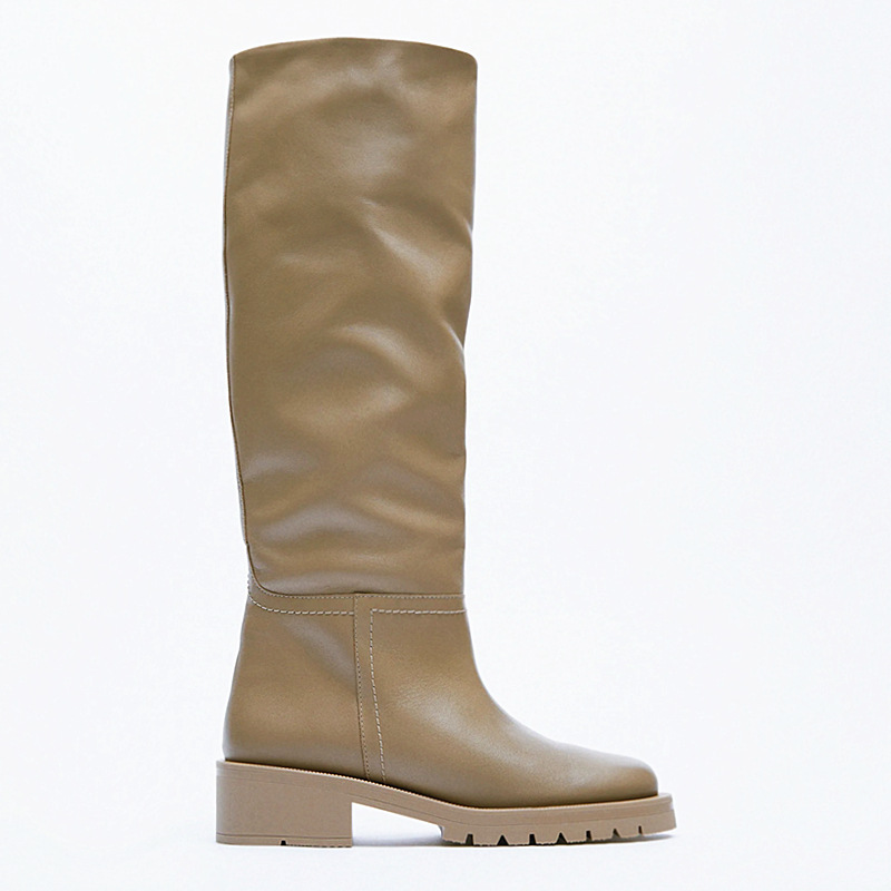 Leather Flat Round Toe Sand Brown Below The Knee High Leg Boots