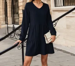Autumn And Winter European And American Fashion V-neck Solid Color Long Sleeve Dress - Navy Blue - View 1