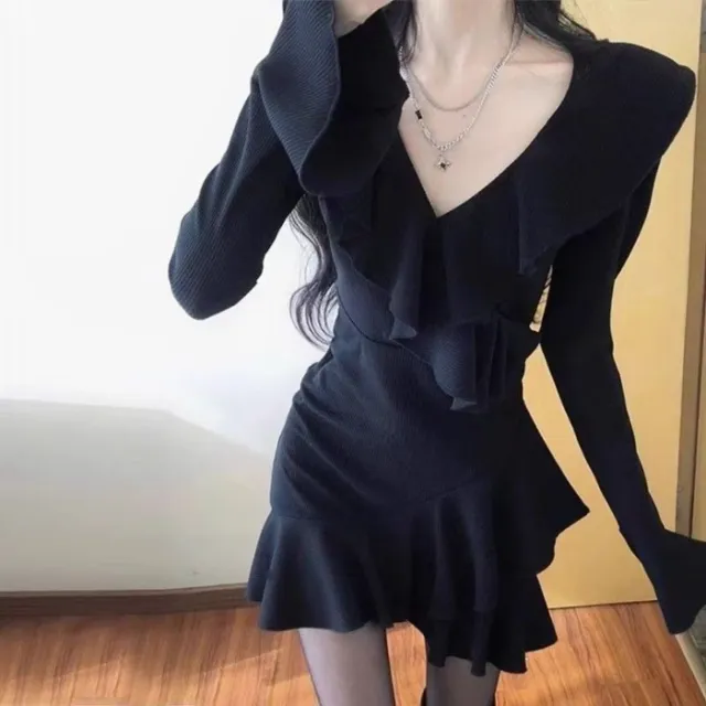 Little Black Dress With Ruffled Hem V neck And Flared Sleevessassy And Chic Black - Shop at LoveMi