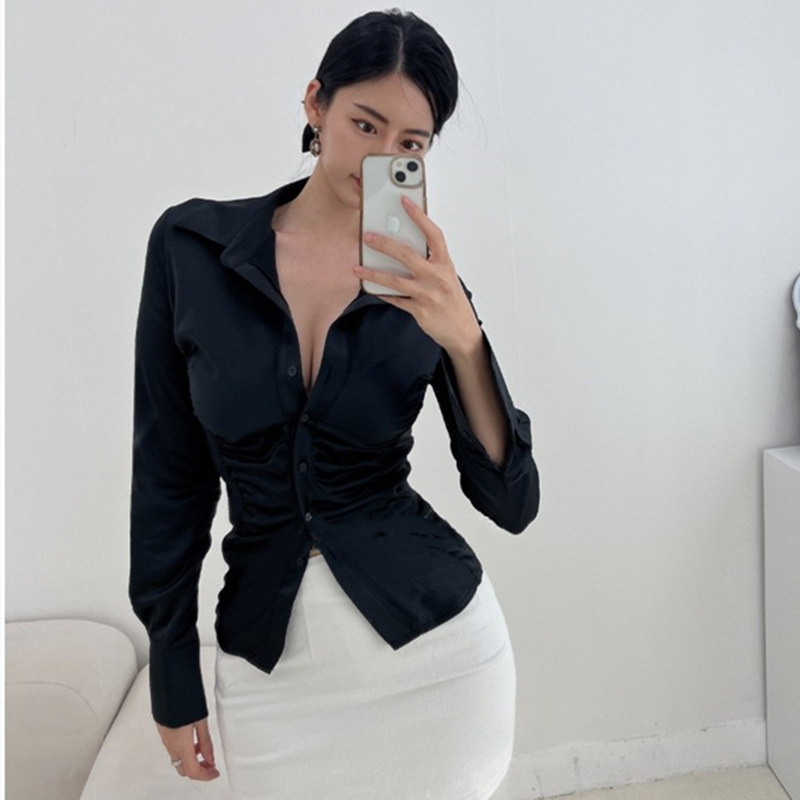 Autumn And Winter New Elegant Pleated Waist Tight Slim Lapel Slimming Shirt For Women - Image 7