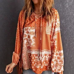 Women's Long-sleeved Printed Ethnic Blouse T-shirt Shirt - Orange - View 1