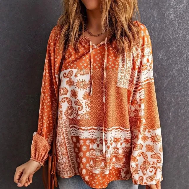 Women's Long sleeved Printed Ethnic Blouse T shirt Shirt Orange - Shop at LoveMi