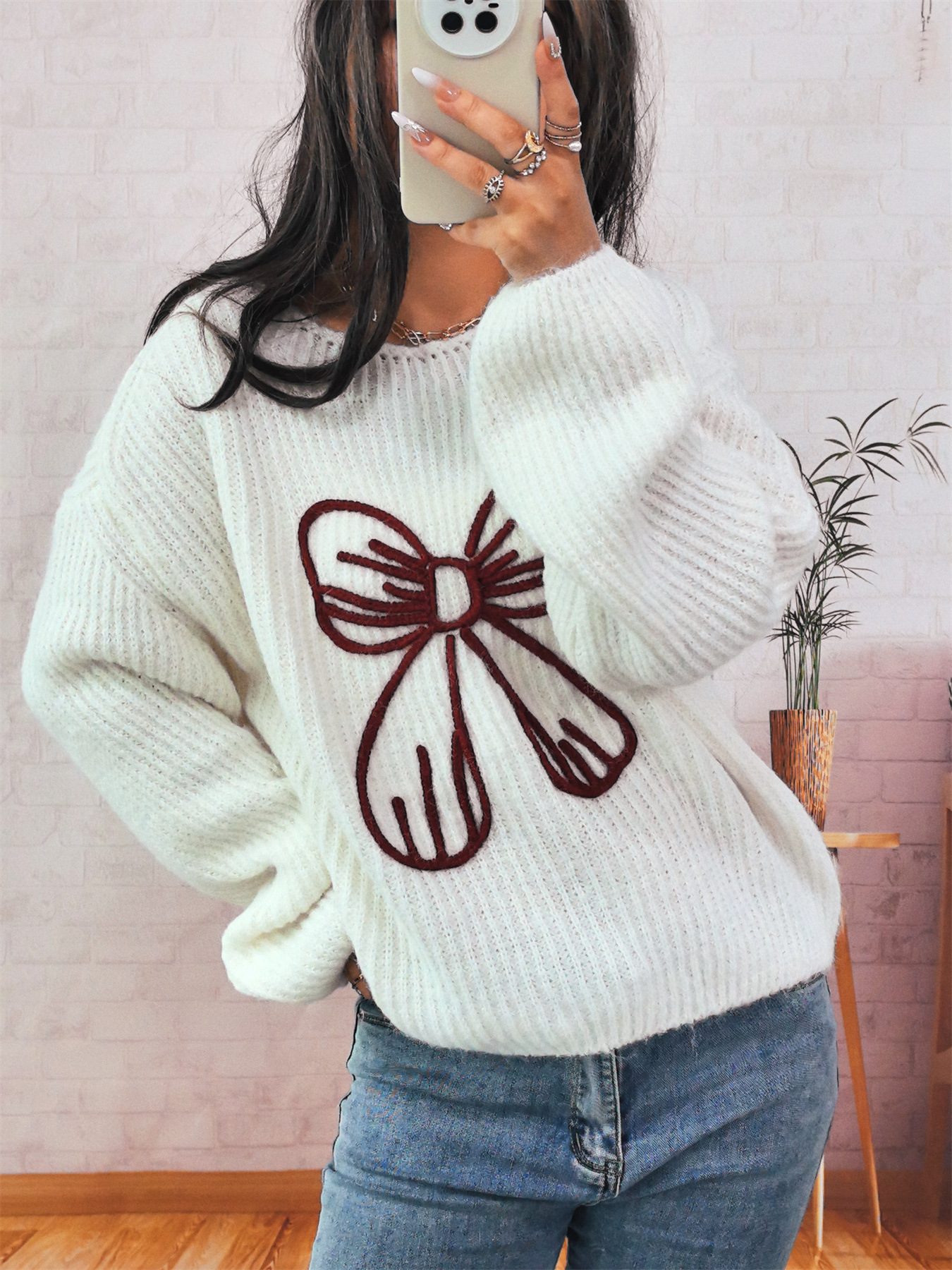 Simple Casual Bow Embroidery Decoration Knitted Long Sleeve Sweater