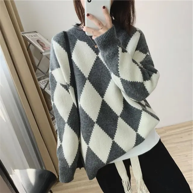 Loose Slimming Sweater Female Color Matching Light Gray - Shop at LoveMi
